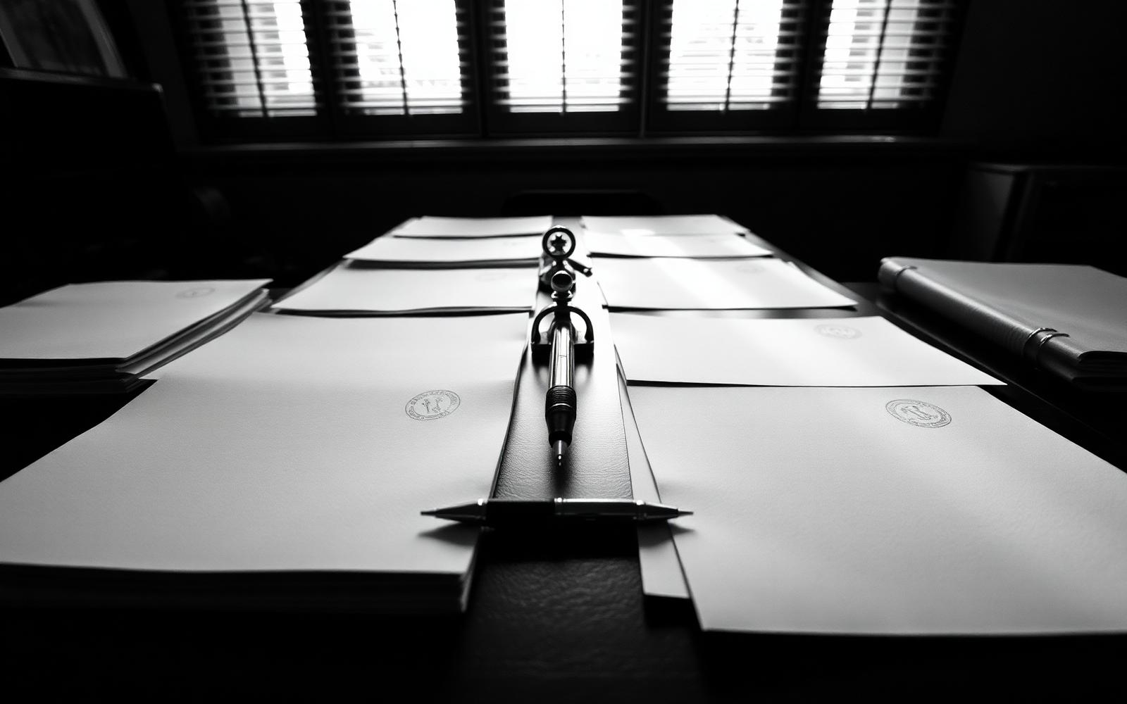 Mesa de archivo en escala de grises con documentos que representan el trabajo de la Comisión de Recuperación de Activos