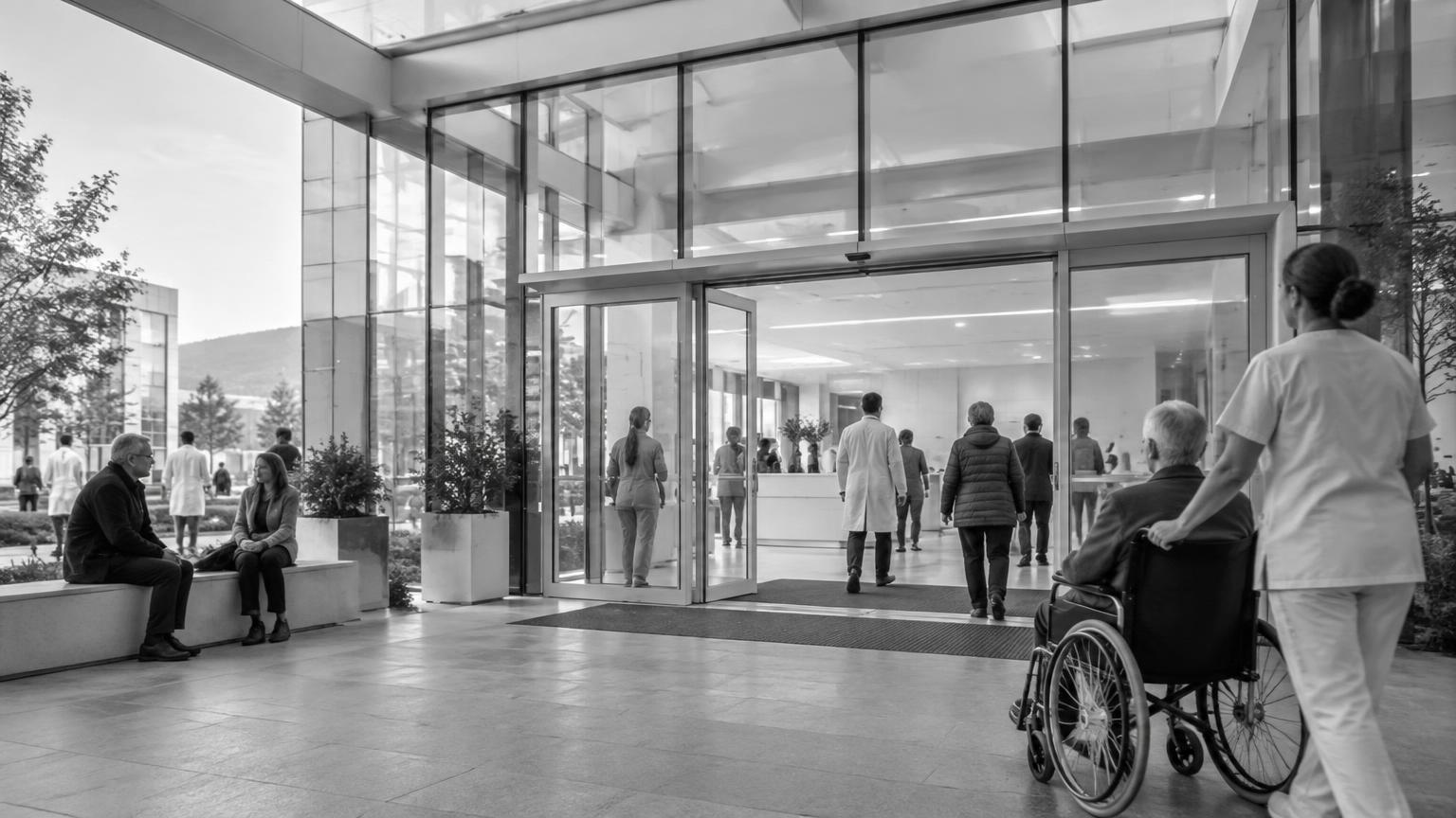 Accessible entrance to a modern hospital with patients and clinical staff